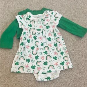 2 piece Green Pink and White Baby Dress with Shamrock Rainbow St Patrick’s Day